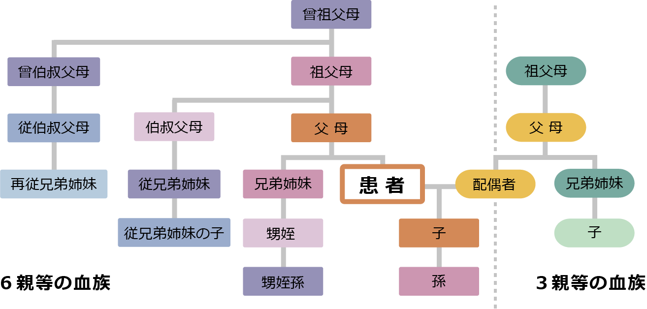 生体ドナーとして6親等の血族から配偶者の3親等の血族までが日本移植学会で認められている